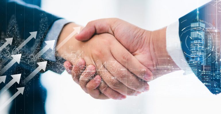 successful agreement business strategy brainstorm businessman handshake togetherwith virtual vision graphic icondouble exposure background with free copy space for your text